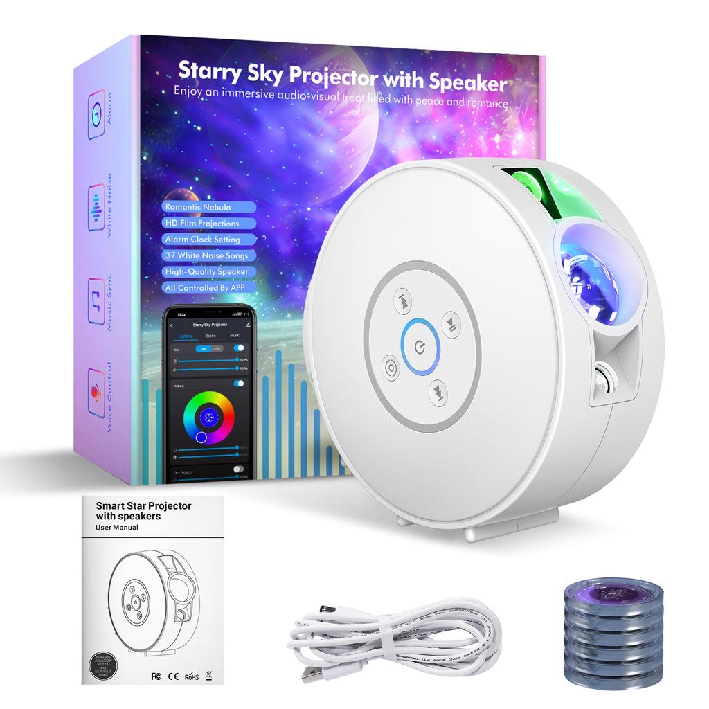 PLT2 Smart Star Projector with Star & Colorful LED Nebula 6 Theme Film Slides bluetooth Speaker White Noise Alarm APP& Voice