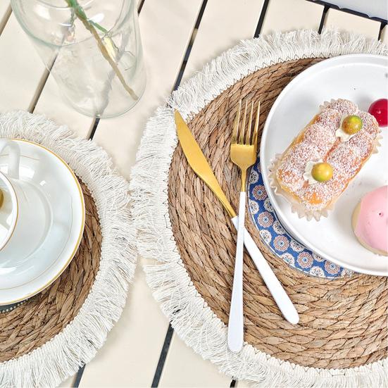 Placemat Round Thickened Heat-Resistant Table Protection Soft Straw Braided Bohemian Washable Dishes Hot Pot Pans Coffee Cup Cooking Baking