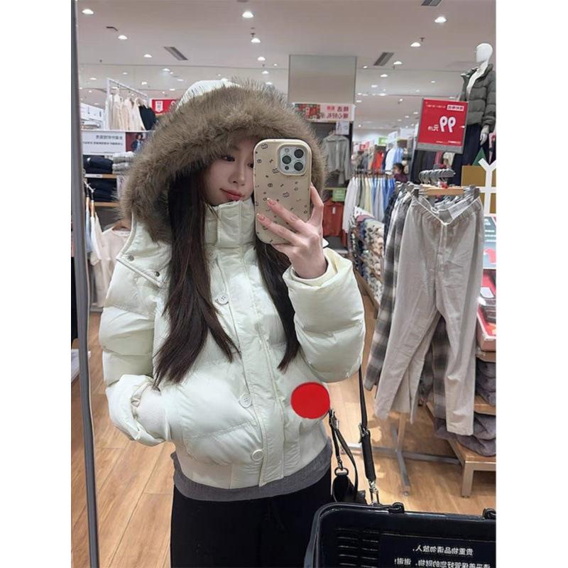 Autumn Winter Fur Hooded Jacket Women Outerwear Thick Dowon Cotton Padded Slim Short Parkas Female Cropped Puffer Bubble Coat