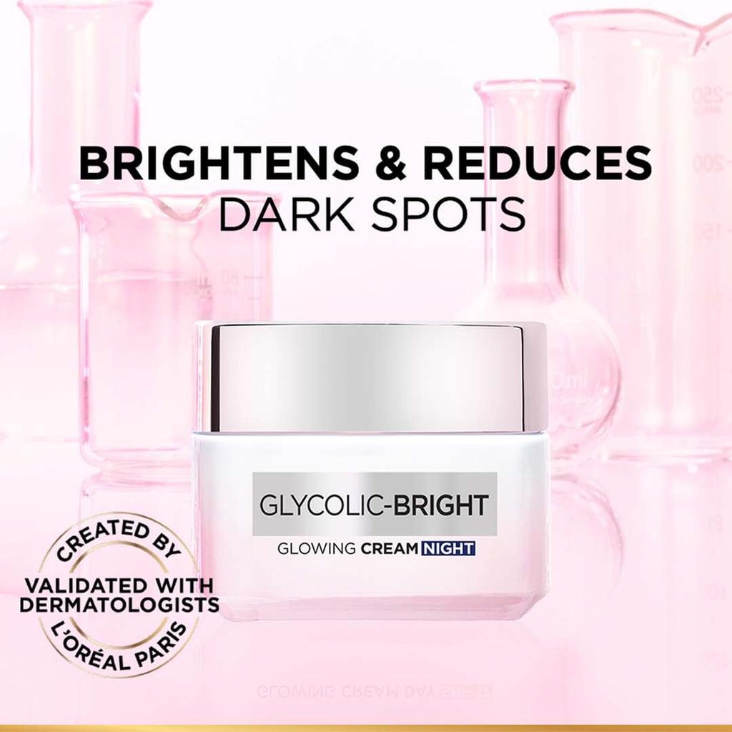 L'Oreal Paris Glycolic Bright Сияющий ночной крем, Ночной осветляющий крем, Гликолевая кислота в гелеобразной кремовой текстуре, который заметно минимизирует пятна