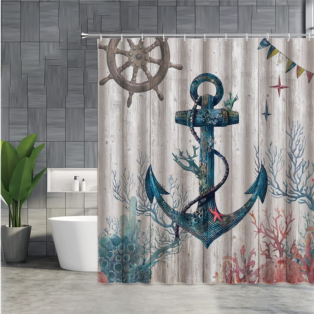 Nautical Sailboat Shower Curtain Ocean Lighthouse Compass Anchor Starfish Seashell Bathroom Decor Fabric Curtains with Hooks