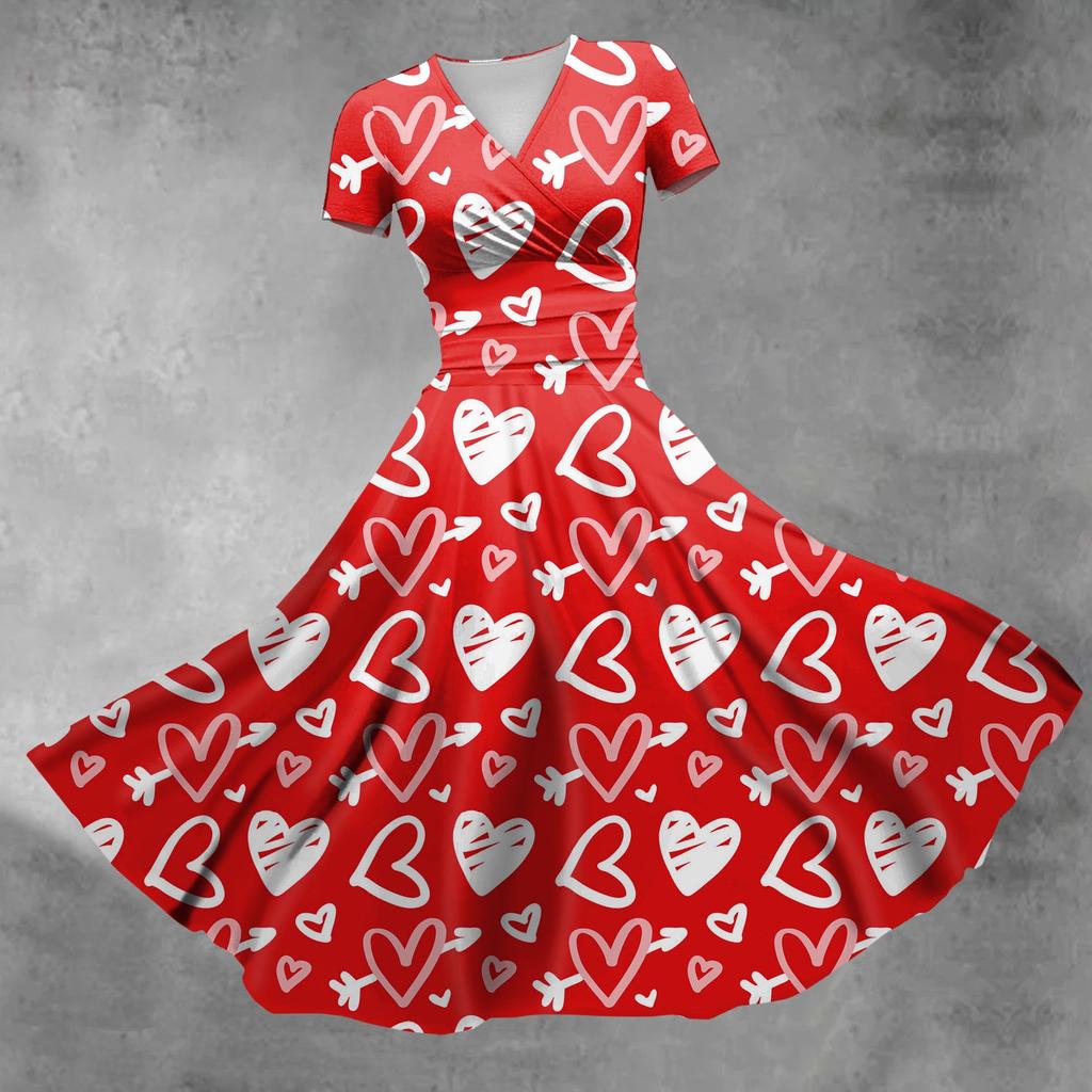 Женское платье принцессы, сексуальное плиссированное платье с короткими рукавами и v-образным вырезом на день святого Валентина, с принтом на талии