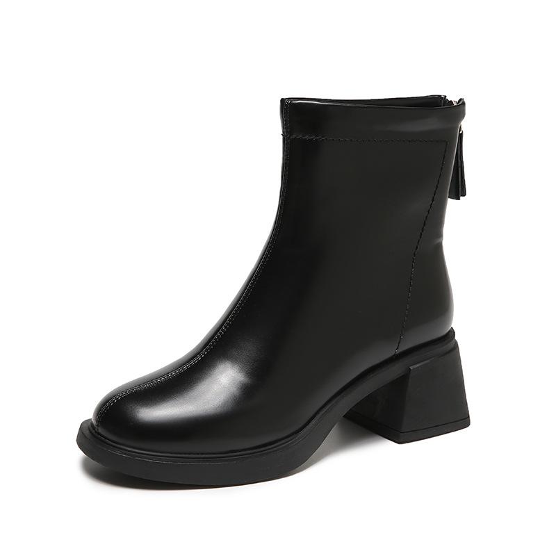 Короткие сапоги на грубом каблуке, женские осенние новые модные ботинки с круглым носком, модные кожаные сапоги с застежкой-молнией сзади