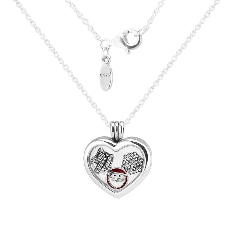 Floating Locket Heart Necklaces 925 Sterling Silver Jewelry Pendants with 3 Inner Parts Christmas Petite Charms