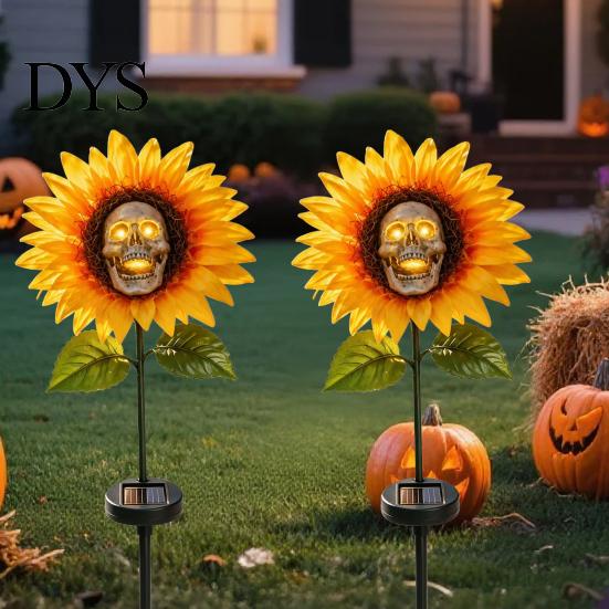 Day of The Dead Outdoor Decoration Solar Garden Stake Light, Gothic Skull And Sunflower Statue Lamp, Halloween Decor Waterproof LED Landscape