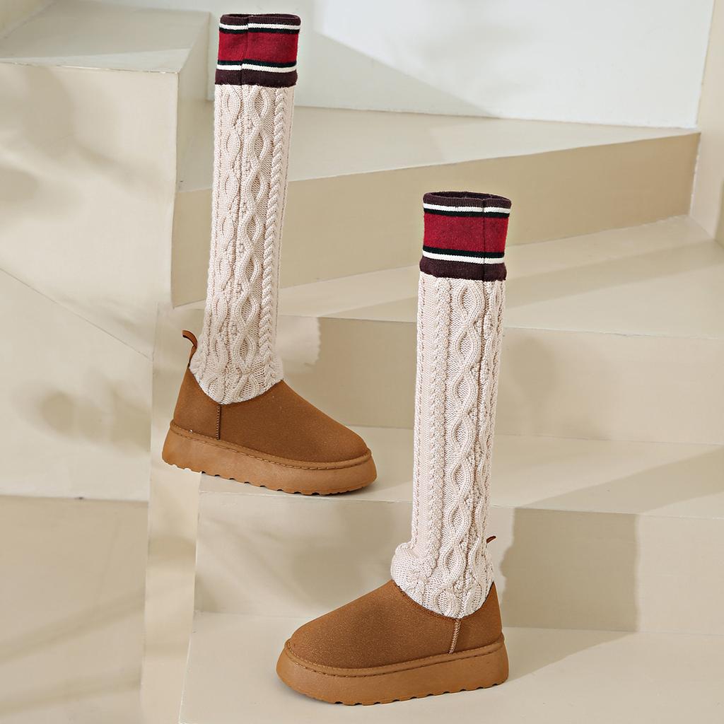 Модные женские ботфорты на платформе, зимние плюшевые теплые эластичные женские сапоги, нескользящие повседневные боты большого размера, хлопковая обувь