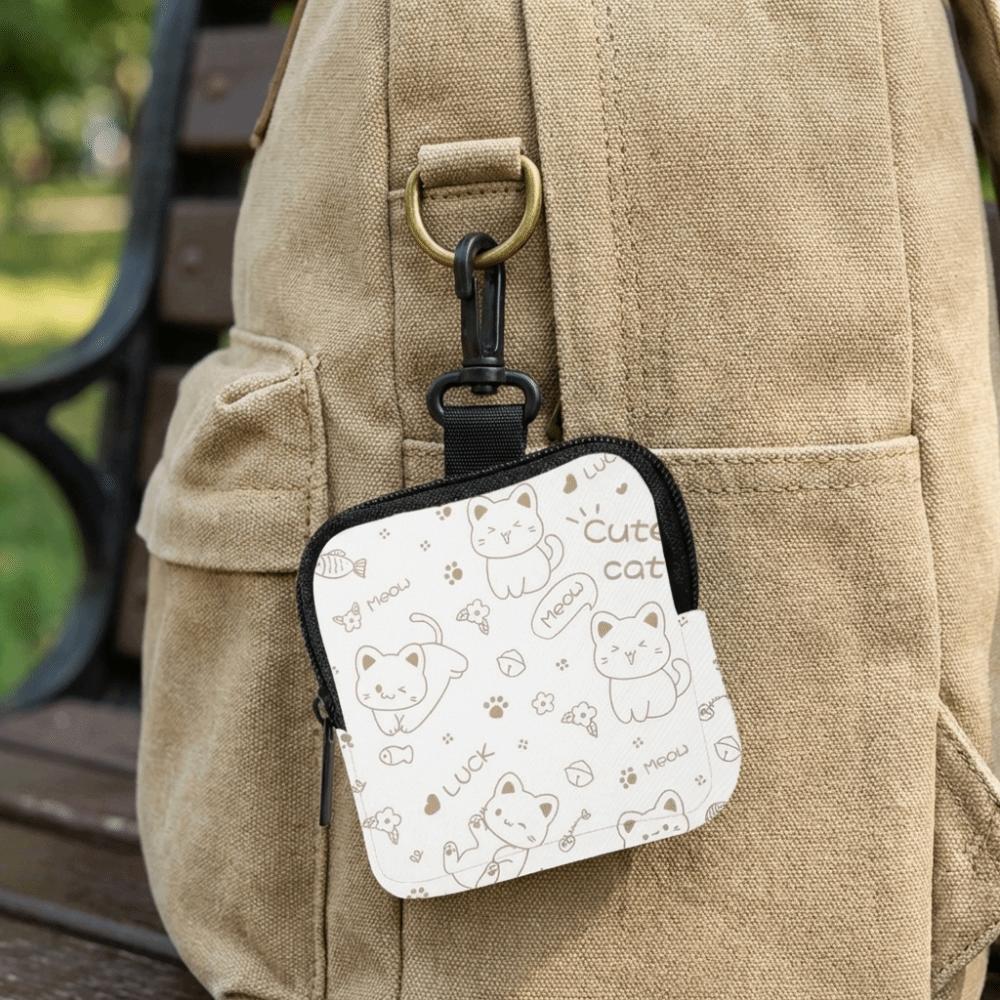 Large Capacity Cute Cat Print Portable Coin Purse Waterproof Faux Leather Mini Earphone Case with Key Ring Multifunctional