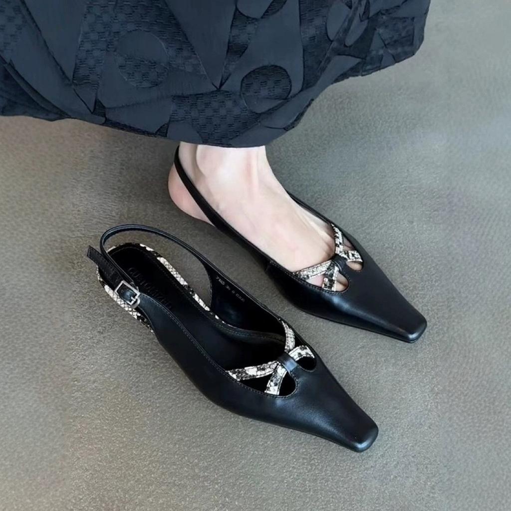 Sheepskin Version~ Square Head Hollow Design Kitten Heel Sandals Women's French Temperament Bag Head One-word Buckle Belt Low Heel Shoes