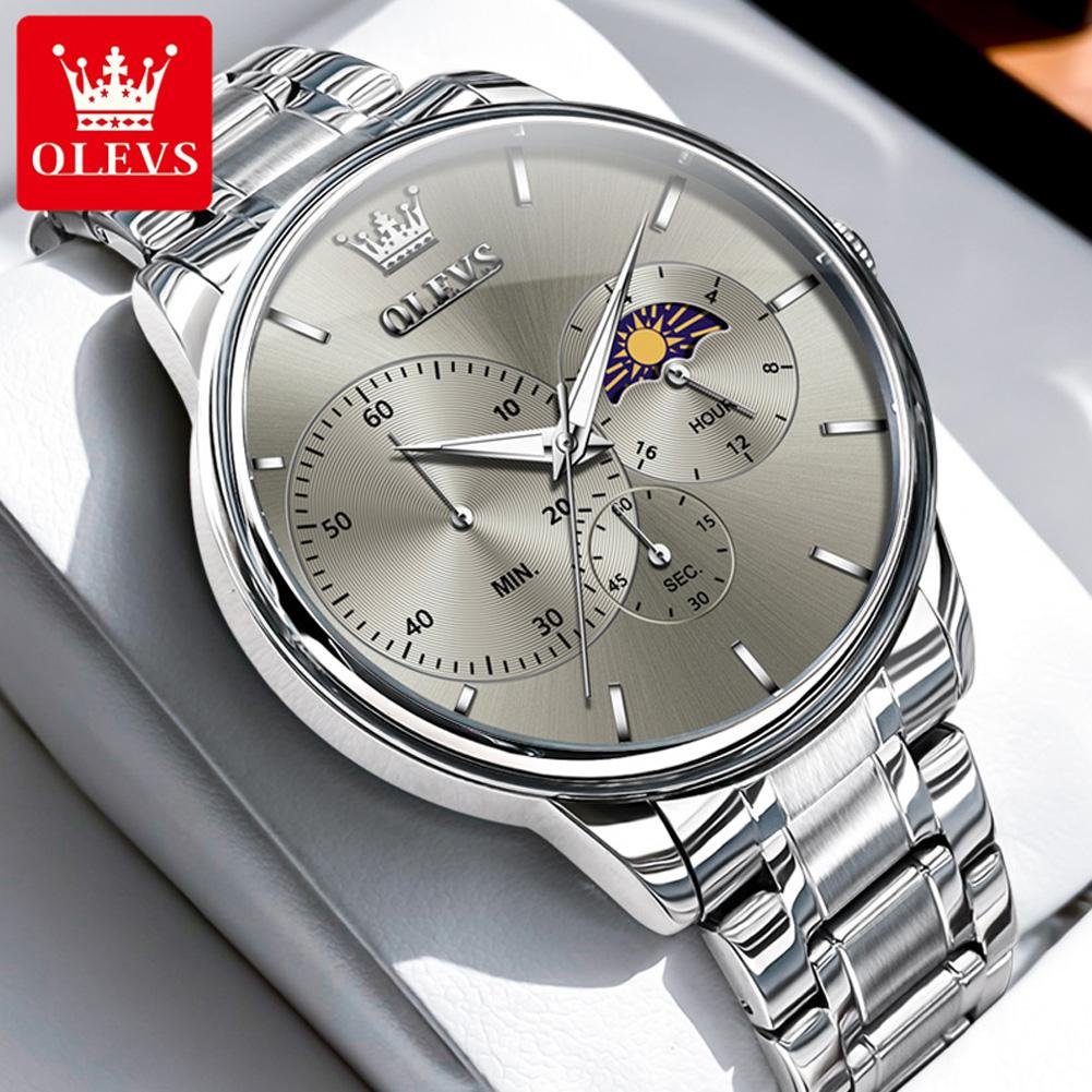 OLEVS Moon Phase Men's Watch Simple Casual Original Fashion Quartz Watch for Men Waterproof Luminous Stainleess Steel Wristwatch
