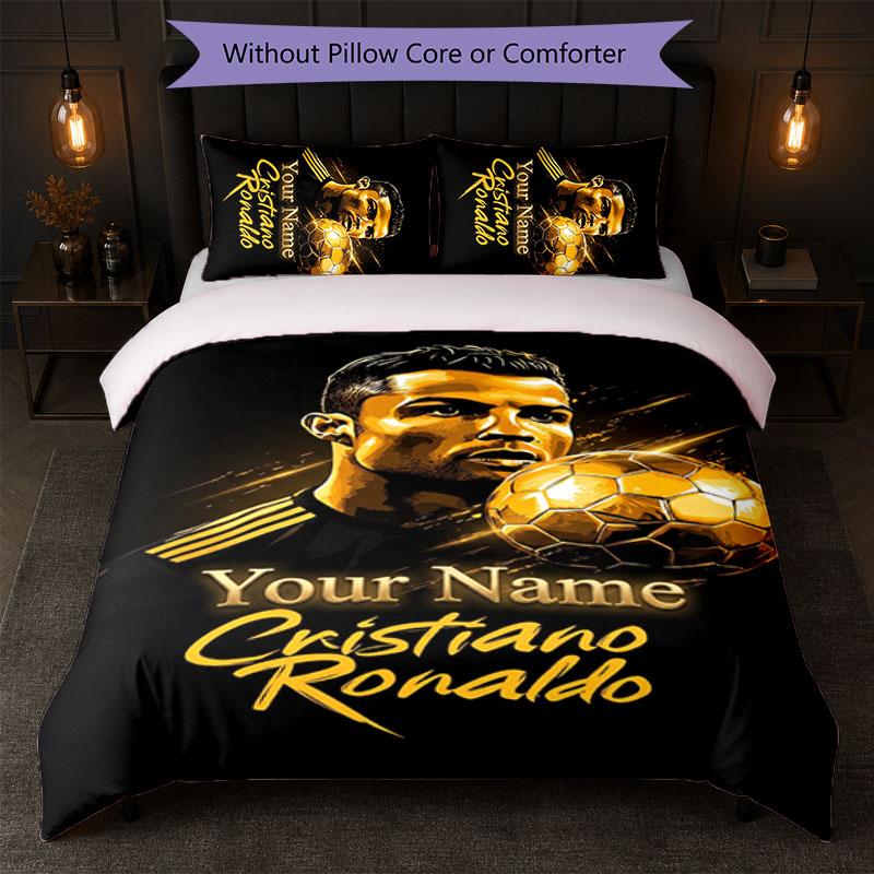 Cristiano Ronaldo Custom Name Text Bedding Set 1 Duvet Cover+2 Pillowcases Soccer Logo Personalized Gift For Special Occasion Bedroom Decor