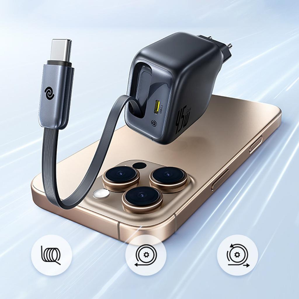 Ładowarka sieciowa USB-C ze zwijanym kablem USB-C EnerCore CJ11 45W - czarna