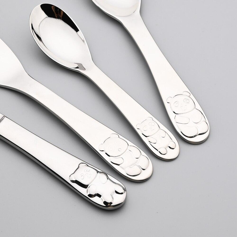 4 Pcs Silver Dinnerware Cutlery Spoon Food Feeding Fork Knife Utensils Set 304 Stainless Steel Learning Eating Panda Pattern Tableware