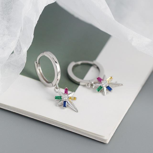 Женские серьги-кольца из серебра 925 пробы в стиле минимализма с восьмиконечной звездой и цветными бриллиантами, металлическая пряжка для ушей