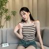 Black Striped Knitted Camisole Tank Top Women's Spring Summer Inner Wear Hot Girl Sexy Backless Outerwear Short Base Layer Top
