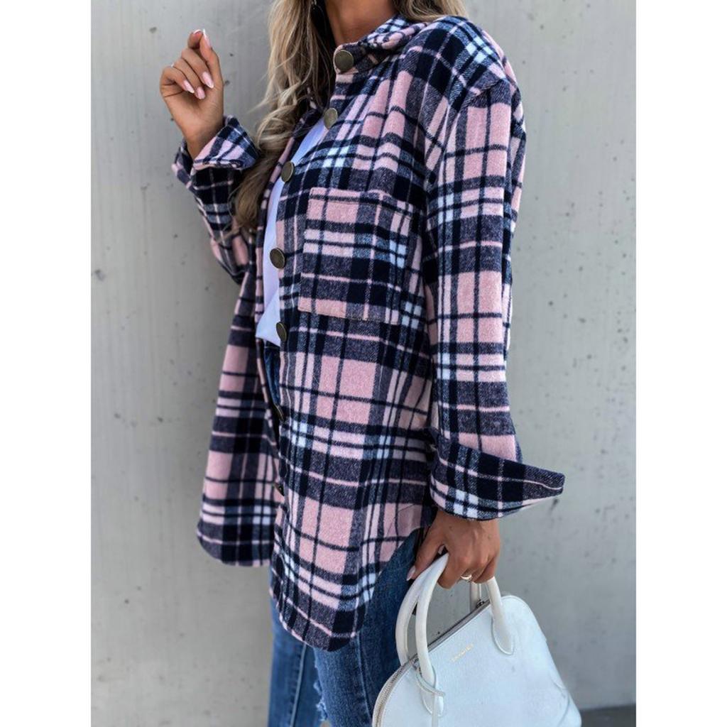 Женское повседневное свободное однобортное длинное пальто в клетку с длинными рукавами и пуговицами