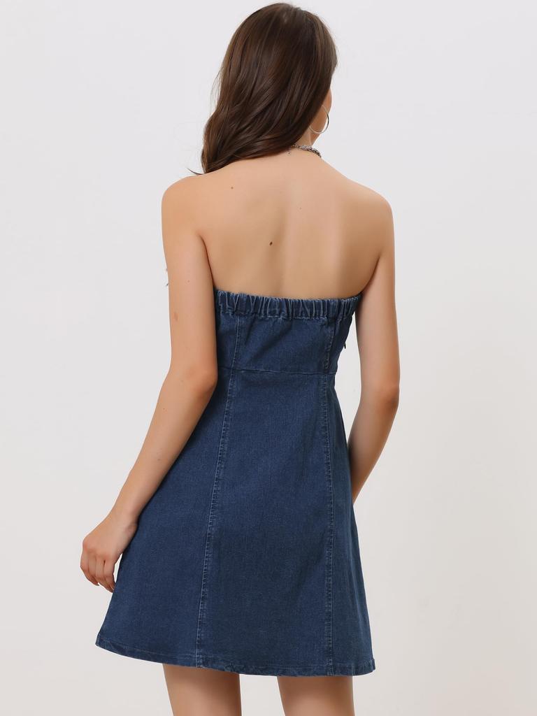 Allegra K Женское джинсовое мини-платье-труба без бретелей с открытыми плечами, синее, размер XS