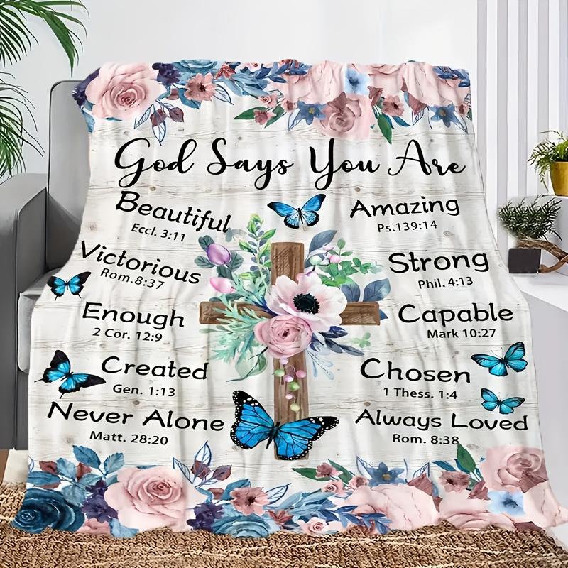 Pink Rose Wooden Cross Bible Verse Throw Blanket for Living Room Sofa Cozy Time Birthday Anniversary Gentle Faith Memento