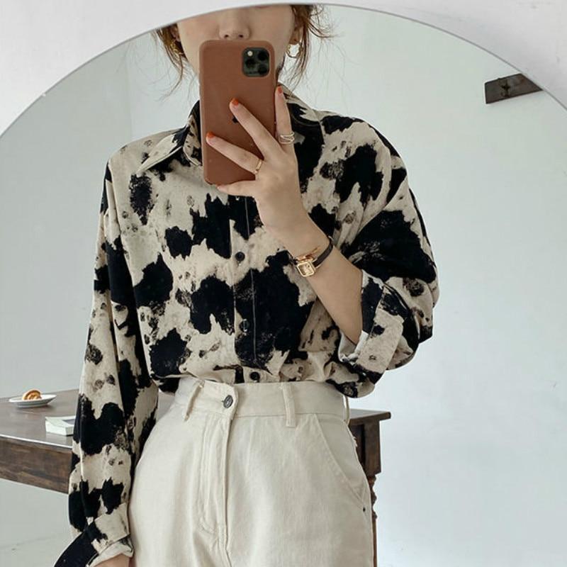 HOUZHOU Tie Dye шифоновые блузки с принтом женские корейские модные повседневные шикарные рубашки с отложным воротником в стиле ретро