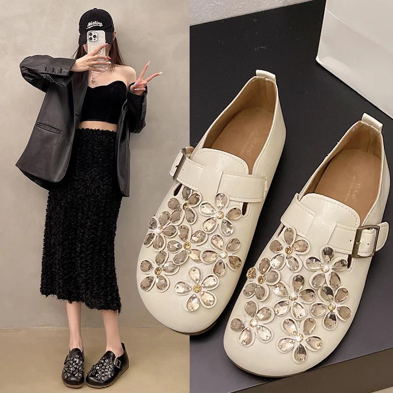 Новые весенние женские туфли-одиночки с цветочным принтом и блестящими бриллиантами, повседневные, удобные, модные маленькие кожаные туфли на плоском каблуке