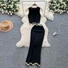 Summer Women Designer Black Knitted Sweater Two Piece Set Short Tank Pullover Top and Long Maxi Sheath Skirt Suit