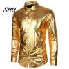 Men Stage Show Shirt Performance Glossy Surface Turn-down Collar Single-breasted Long Sleeve Sleeves Buttons Satin Club Party Simple