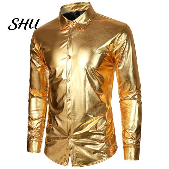 Men Stage Show Shirt Performance Glossy Surface Turn-down Collar Single-breasted Long Sleeve Sleeves Buttons Satin Club Party Simple