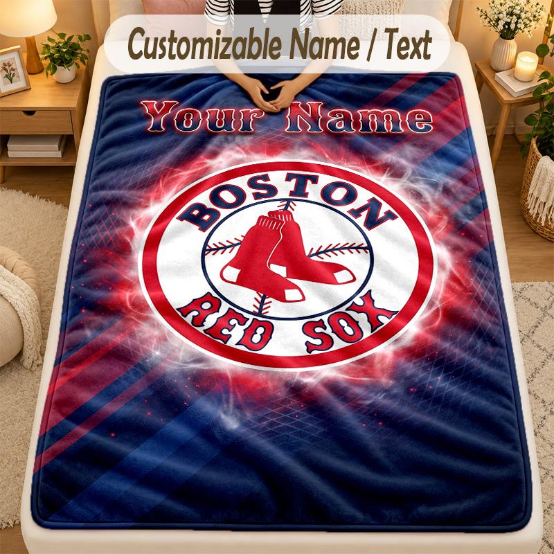 Flannel BlanketBoston Red Sox Custom Name Text Personalized Soft Warm Throw Blanket Home Decor Gift