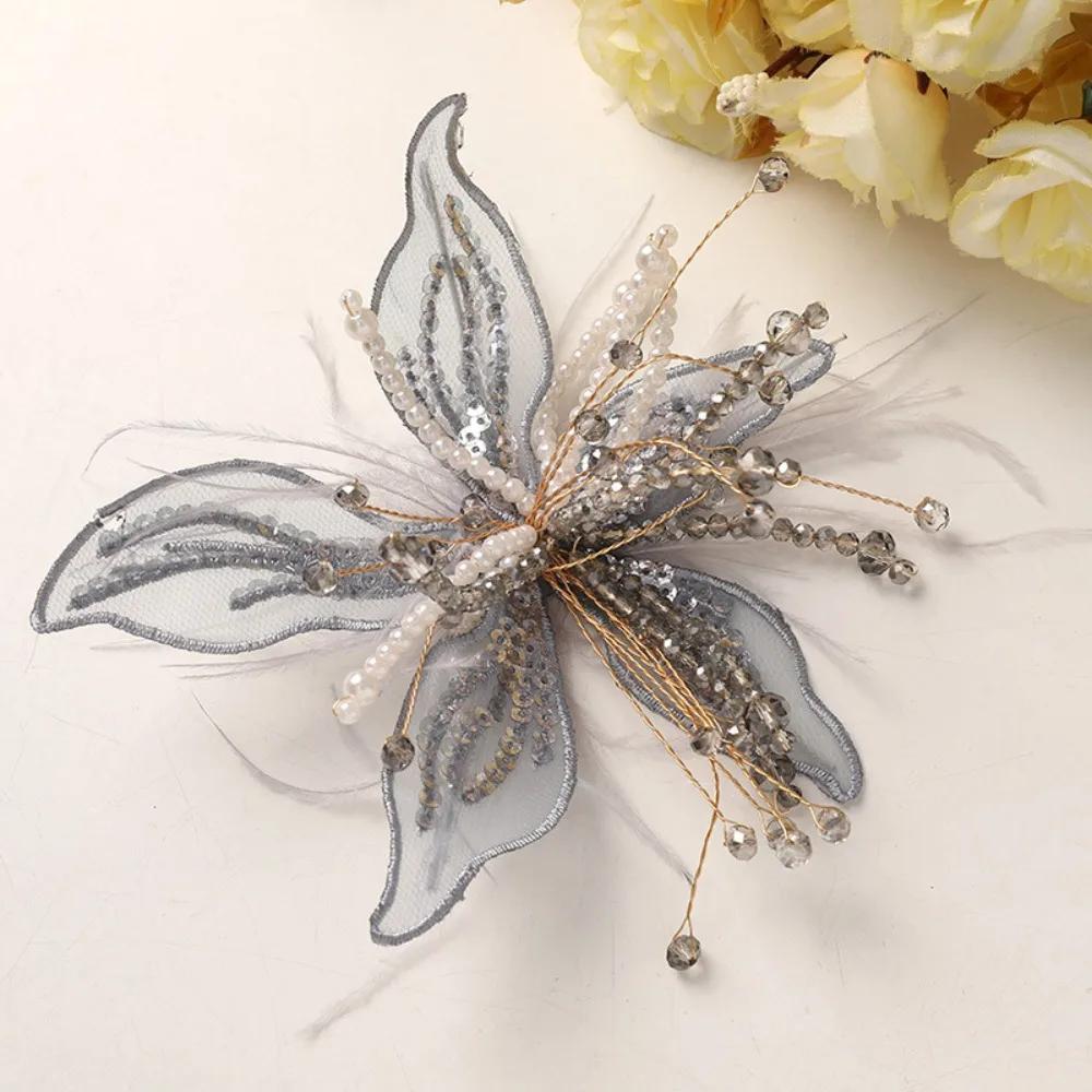 Ethereal Feather Pearl 3D Organza Flower Patch Crystal Flower Twisted Wire Studded Patch Handmade Lace Applique Decorative Dress