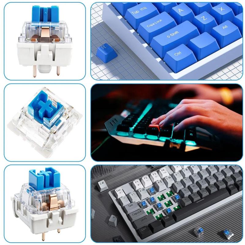 20 Pcs Blue Keyboard Switches, 3-Pin Clicky Tactile Mechanical Keyboard Switches, Complete DIY Replacement Kit with Switch Pulle