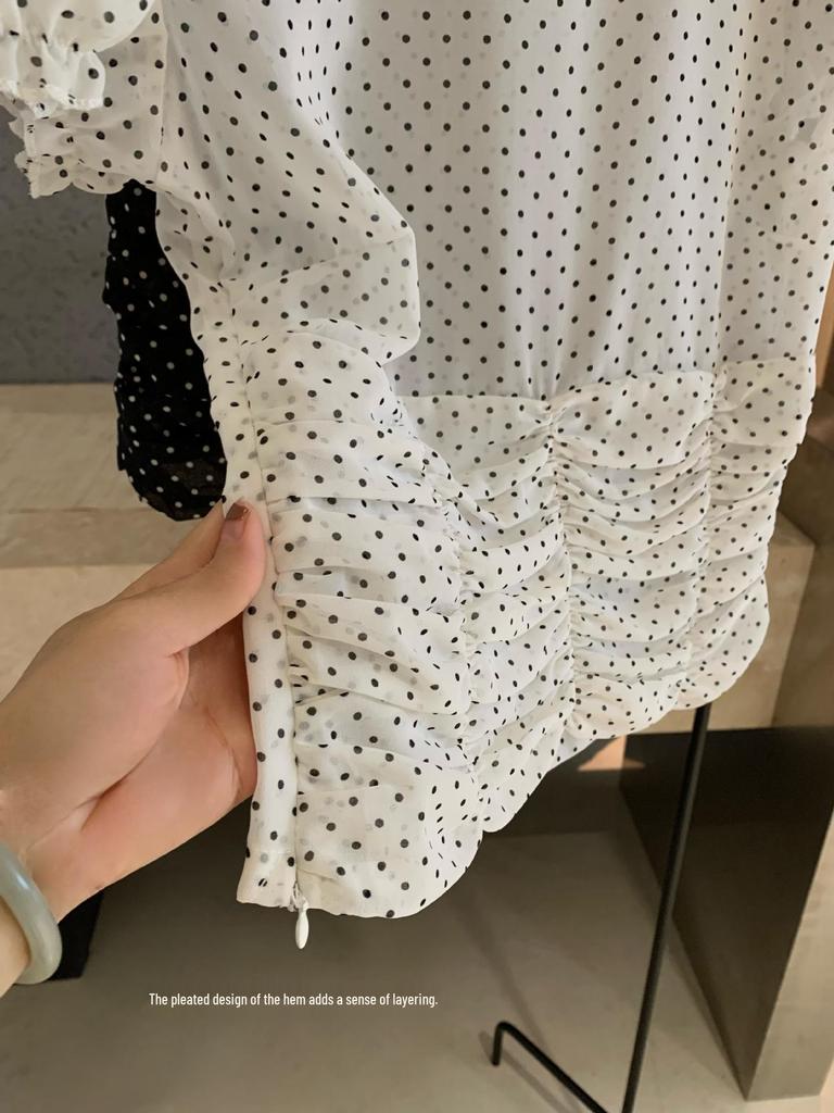 Polka Dot Short-Sleeve Shirt with Pleated Waist - Women's Spring/Summer Trendy Top