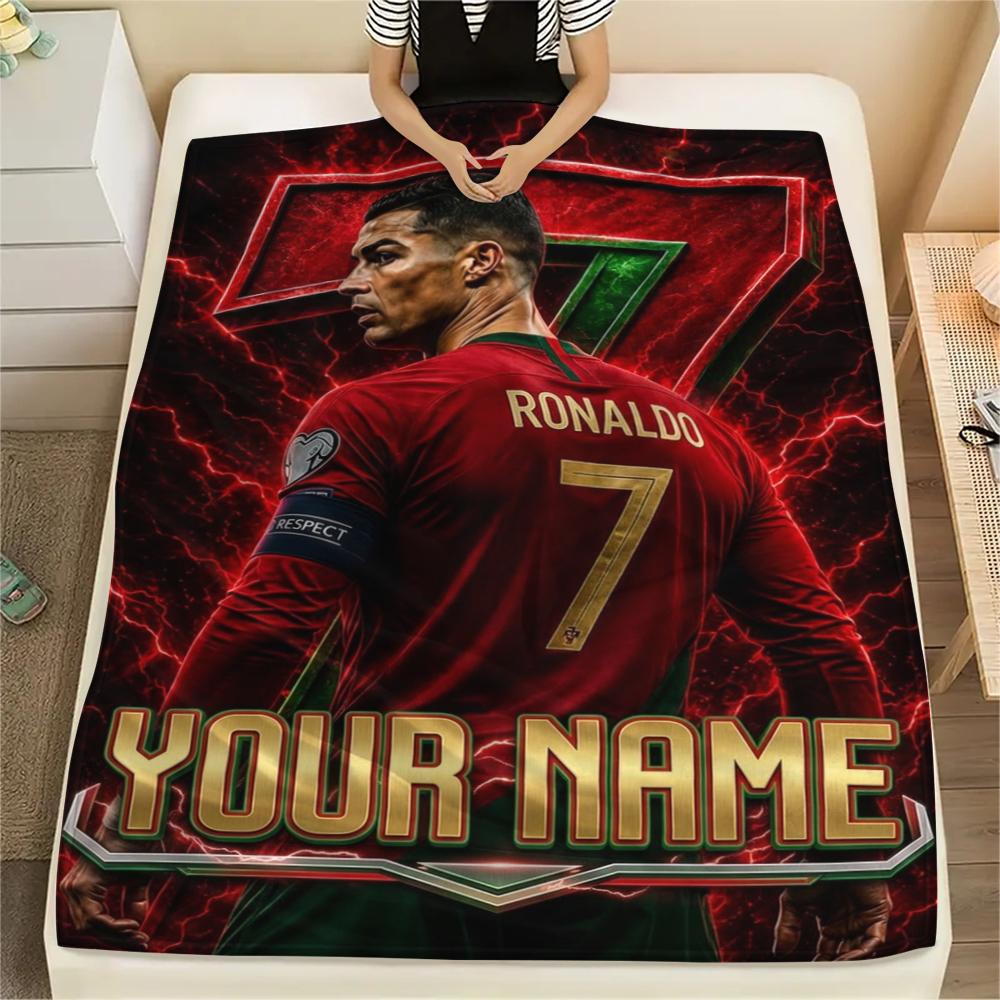 1PC Custom Name Cristiano Ronaldo Patterned Flannel Blanket Suitable For All Seasons for Home Decor Warmth and Comfort Gifts Holiday Present