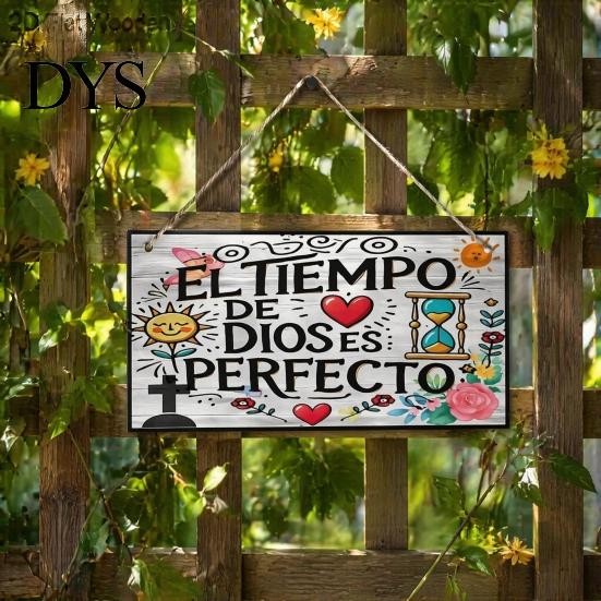 Handmade Wood Hanging Sign Spanish Religious Prayer Wall Ornament with Rose Cross Flower, Living Room Ornaments Wooden Decorative Pendant for Bedroom
