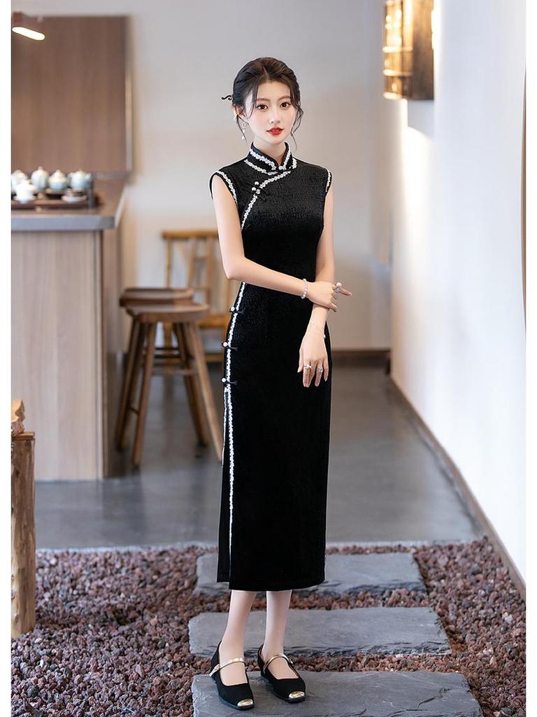 2025 Linxiangman Velvet Cheongsam: Retro Shanghai-Inspired Sleeveless Long Dress