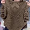 Женский трикотажный топ с длинным рукавом, V-образным вырезом, свободного кроя, с ажурной вязкой, осенний однотонный повседневный свитер