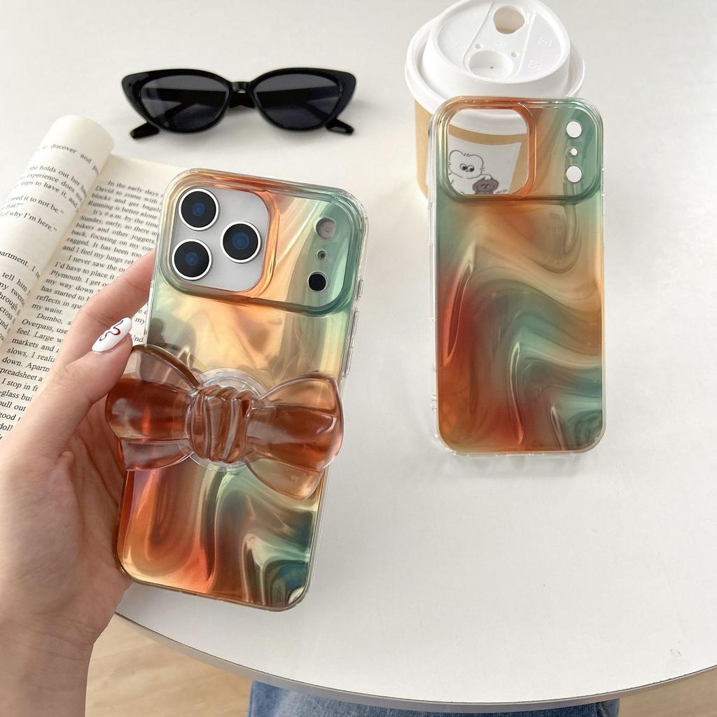 Brown Bow Stand Compatible with iPhone 17 Pro Max Apple 16 Phone Case 15/14 Double Layer Satin Texture