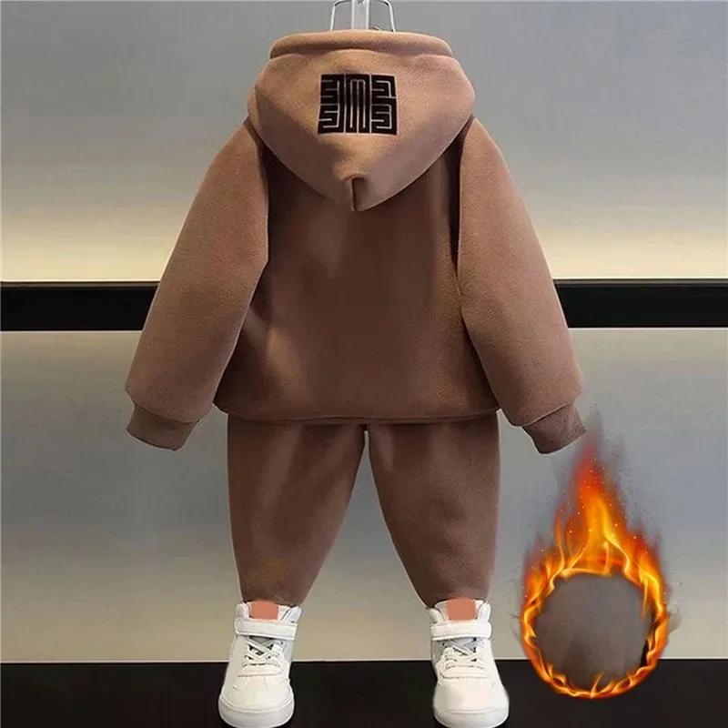 Autumn and Winter Boys Cotton Sweatshirts Sports Casual Clothes Suit Children Plus Velvet Warm Pullover Tops and Pants Two-piece Set