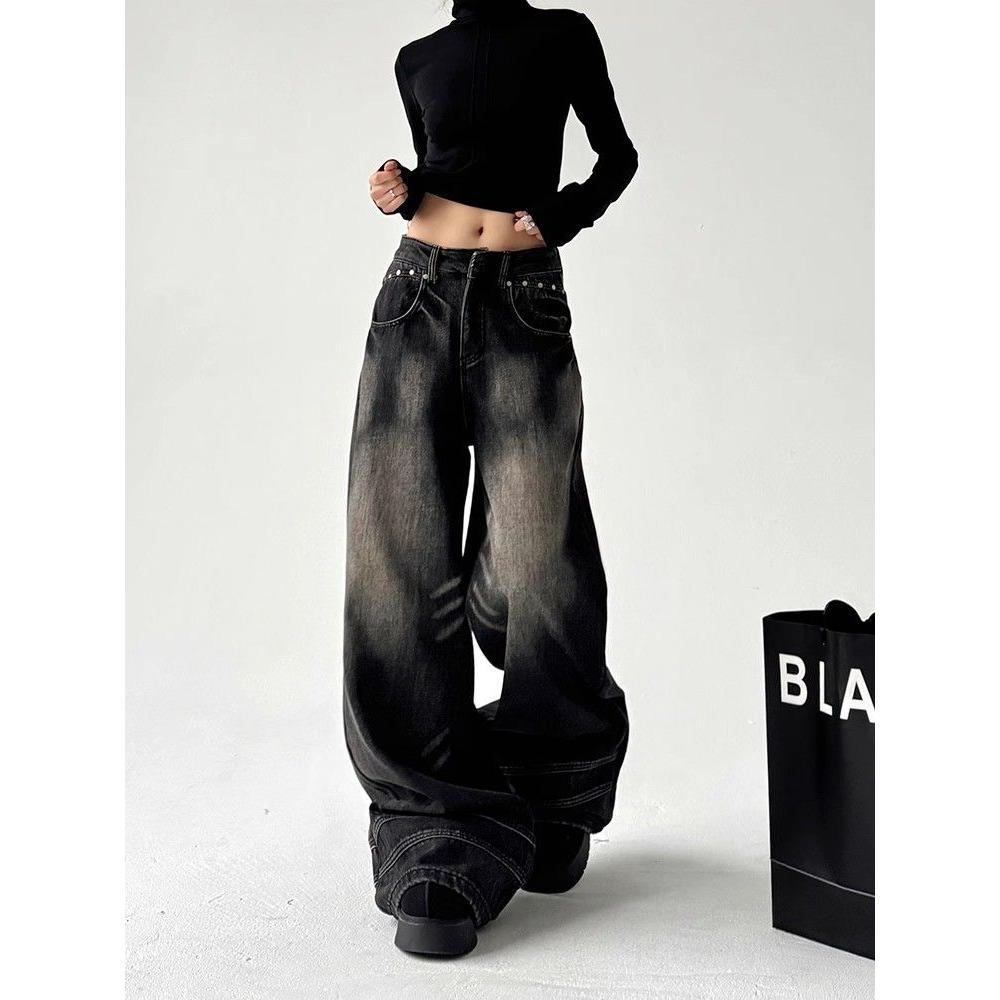 Винтажные черные широкие джинсы женские свободные уличные корейские модные мешковатые джинсовые брюки Y2k женские хип-хоп