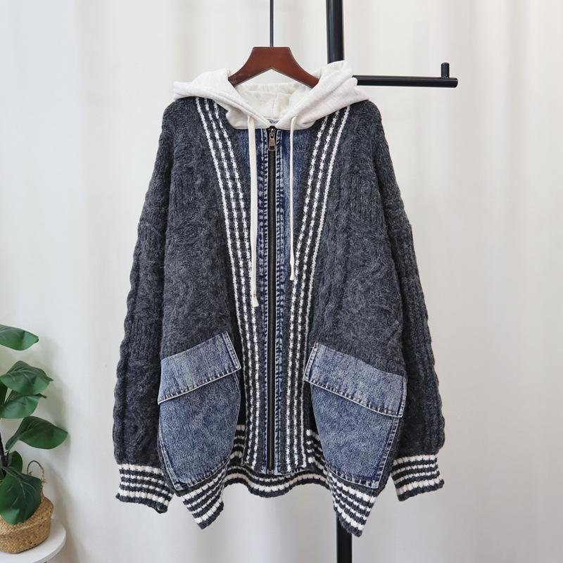 Осень и зима новый худи с джинсовыми вставками на молнии вязаный кардиган утолщенный свободный дизайн свитер куртка женская