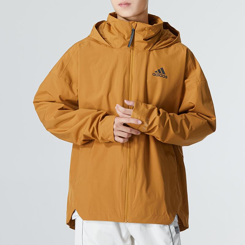 Adidas Traveer Водонепроницаемая тканая куртка с капюшоном и полосками с логотипом Мужская верхняя одежда Желтый HG6013