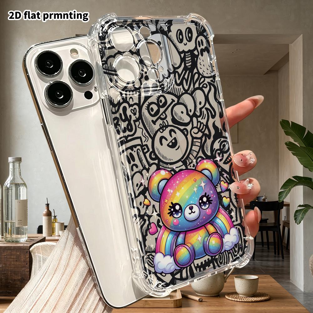 Phone Case: 2D flat suitable for iPhone 18 17 16 15 14 13 Pro, transparent four corner protective case, cloud bear, Christmas and Halloween gifts