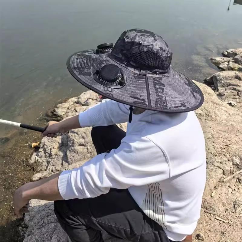 Solar-powered fan large brim hat for men, outdoor sun protection hat, summer sun hat, hiking fisherman hat
