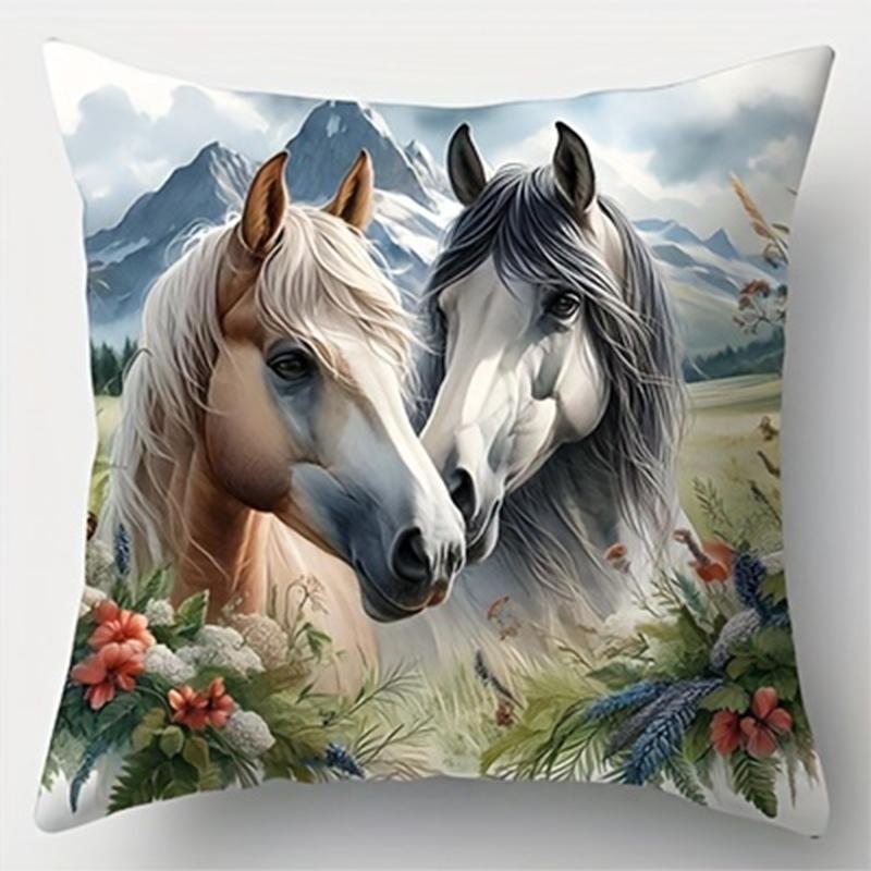 Art Horse Single-sided Printed Pillowcase, Sofa Living Room Elegant Cushion Cover, Bedroom Bedside Decorative Pillow Cover
