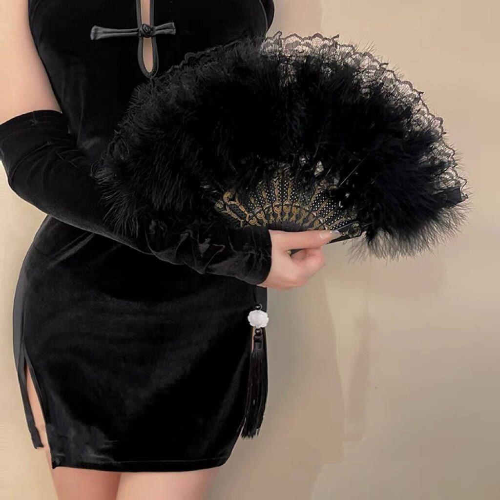 Yousheng винтажный складной веер из перьев и кружева с кисточками, портативный летний ручной веер, украшение для танцевального представления, реквизит для костюмов для вечеринок