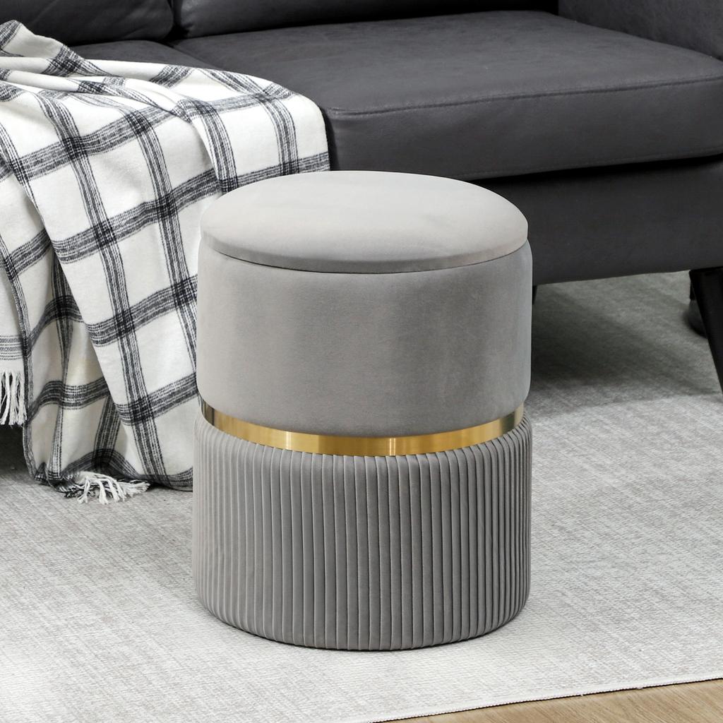 Round Storage Stool, Velvet-Covered Stool with Removable Lid, Padded Seat and Hidden Storage, Light Grey