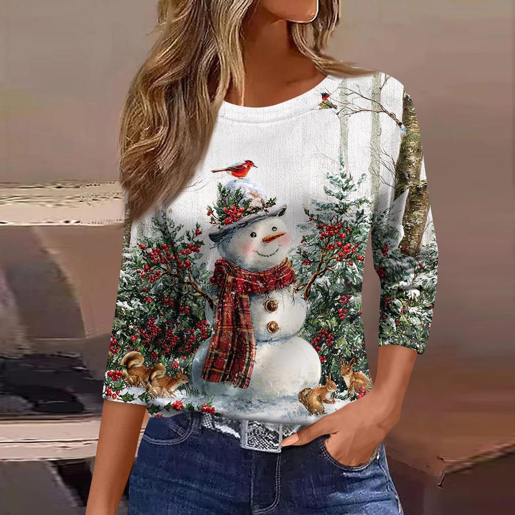 Women's Fashion Casual Three-quarter Sleeve Christmas Printed  Neck Top