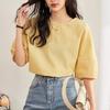 Casual Short Lantern Sleeve Shirt Summer Fashion Solid Yellow Round Collar Women Tops  Cotton Blouse Clothes Blusas 27743