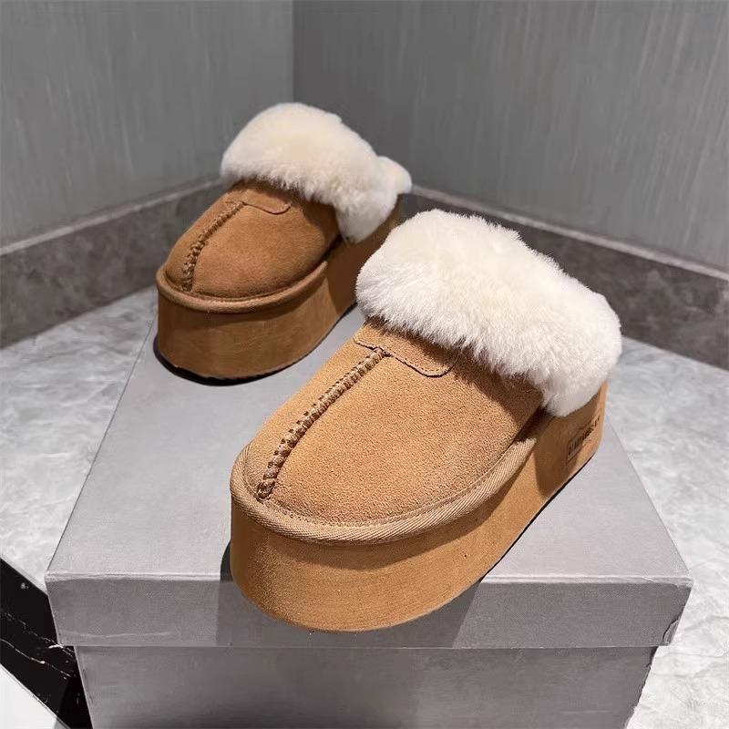 Women Fur Platform Suede Slippers Brand Flats Plush Cotton Shoes Winter Warm High Heels Shoes 2025 Trend Slingback Zapatos Mujer