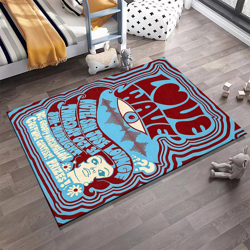 Colorful Retro Psychedelic Art Carpet with "Love Wave" Text Design Suitable for use as an anti-slip for living room bedroom sofas