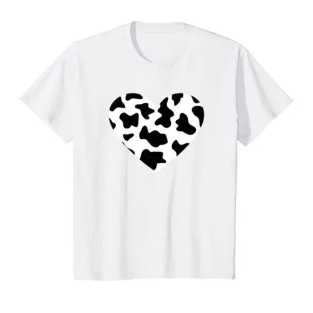 Awesome Cow Print Black White Print Heart T-Shirt Daily Four Seasons 100% Cotton Print Casual Soft Machine
