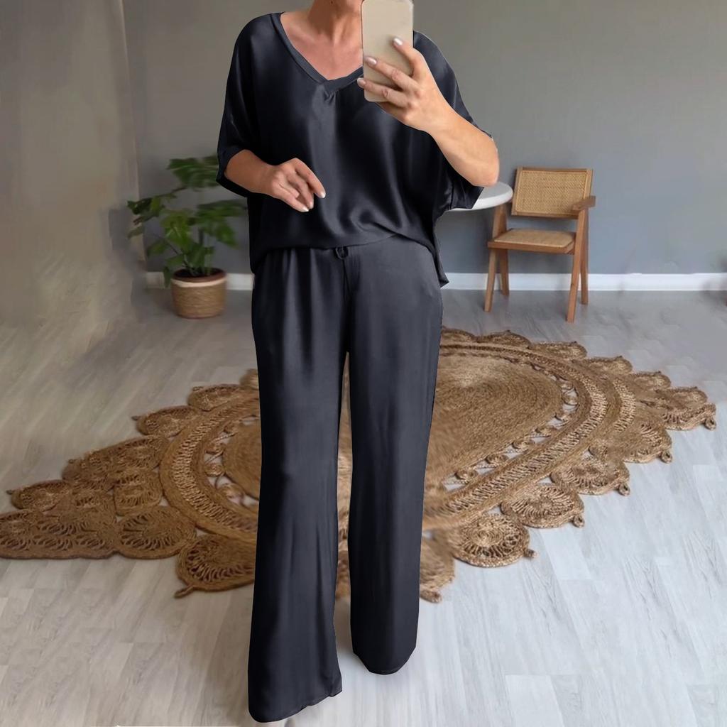 Женский свободный пуловер с v-образным вырезом, повседневный модный костюм с длинными брюками и короткими рукавами